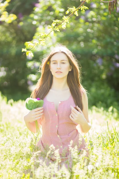 Portrait of a beautiful young woman with brown hair in retro plaid dress. Girl posing in nature with a small bouquet of violets — Stock Photo, Image