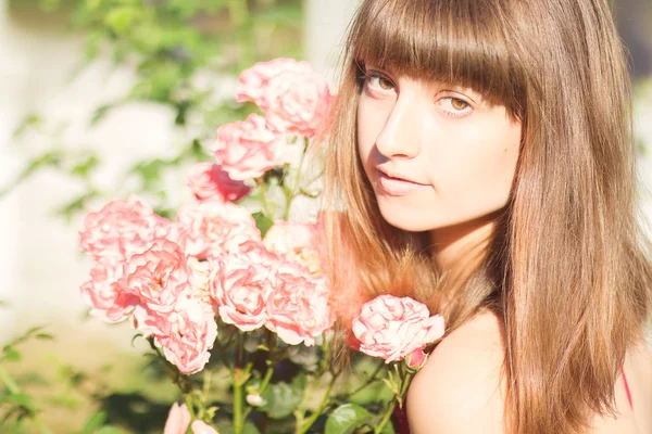 Portretul unei tinere frumoase cu păr castaniu în rochie de lumină roșie. Fata în grădină cu tufișuri de trandafir — Fotografie, imagine de stoc