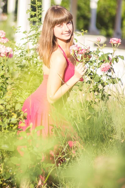 Portret van een mooie jonge vrouw met bruin haar in rood licht jurk. meisje in de tuin met rozenstruiken — Stockfoto