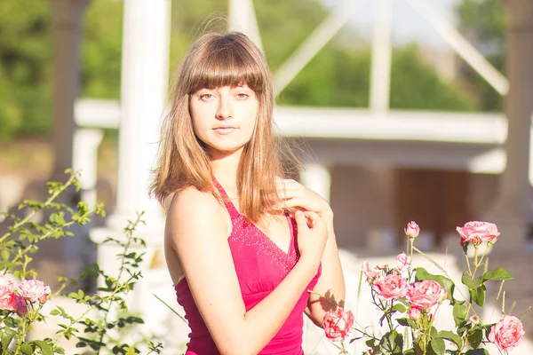 Ritratto di una bella giovane donna dai capelli castani in abito rosso chiaro. Ragazza in giardino con cespugli di rose — Foto Stock