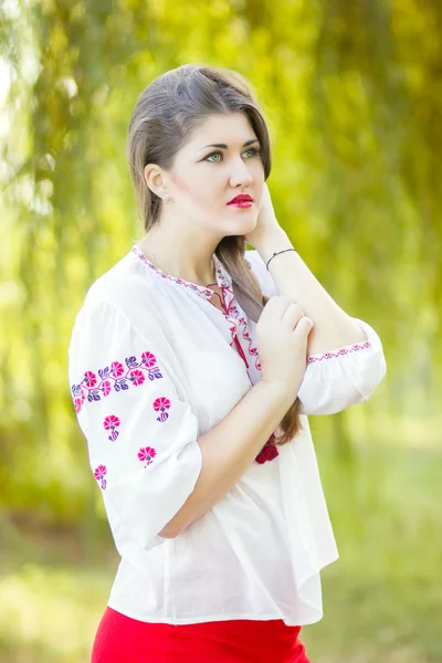 Outdoor fashion brown hair woman portrait in embroidered Ukrainian national costume. Beautiful woman with bright makeup posing on the nature — Stock Photo, Image