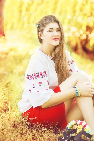 Outdoor fashion brown hair woman portrait in embroidered Ukrainian national costume. Beautiful woman with bright makeup posing on the nature — Stock Photo, Image