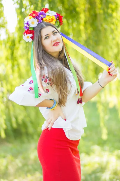 Retrato de uma bela jovem com longos cabelos castanhos na natureza em uma blusa. Menina posando com uma coroa de flores coloridas. Foco suave . — Fotografia de Stock
