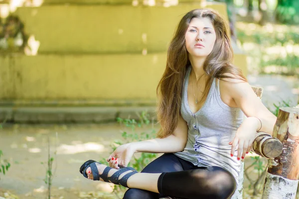 Retrato de uma bela jovem mulher com cabelo longo marrom na natureza — Fotografia de Stock