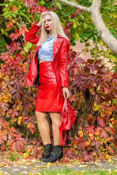 Vacker Snygg Kvinna Blå Skjorta Röd Kjol Och Skinnjacka Stående — Stockfoto