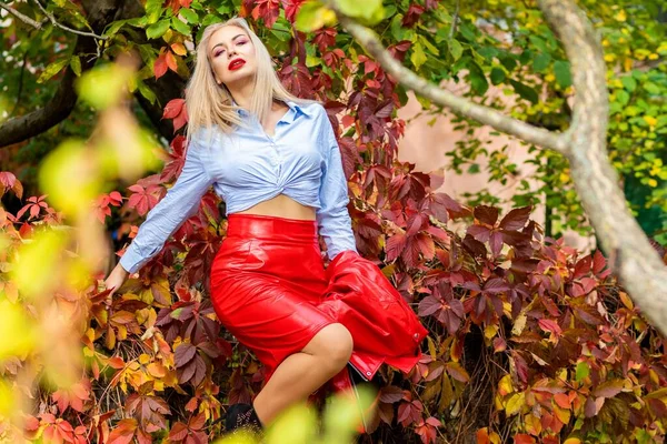 Mulher Bonita Elegante Camisa Azul Saia Vermelha Jaqueta Couro Posando — Fotografia de Stock