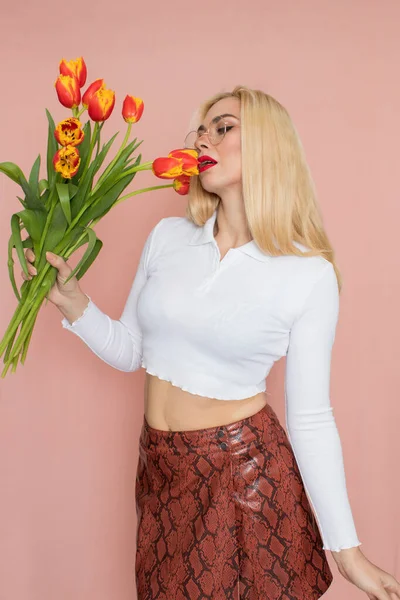 People Emotions Concept Pretty Adult Woman Stands Indoor Wears White — Stock Photo, Image