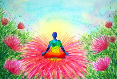 İnsan zihin sağlığı yoga sanatı meditasyonu çakra ruhani iyileştirme suluboya resim tasarımı çiçek bahçesi soyut kavramı