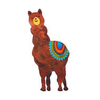 alpaka sevimli hayvan komik sanat suluboya resim tasarımı mutlu bir gülümseme çiziyor