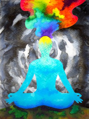 İnsan zihni zihin sağlığı yoga çakrası soyut enerji meditasyonu suluboya resim tasarımı ile evreni birbirine bağlar.