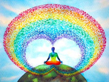 İnsan zihni zihin sağlığı yoga çakrası soyut enerji meditasyonu suluboya resim tasarımı ile evreni birbirine bağlar.