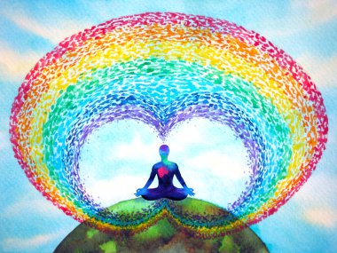 İnsan zihni zihin sağlığı yoga çakrası soyut enerji meditasyonu suluboya resim tasarımı ile evreni birbirine bağlar.