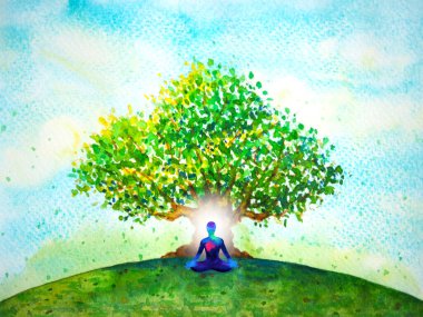 İnsan zihni zihin sağlığı yoga çakrası soyut enerji meditasyonu suluboya resim tasarımı ile evreni birbirine bağlar.