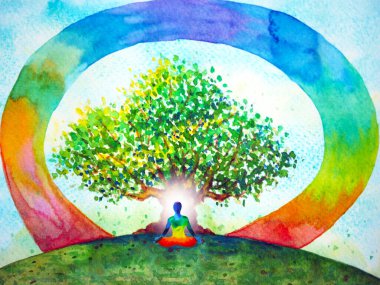 İnsan zihni zihin sağlığı yoga çakrası soyut enerji meditasyonu suluboya resim tasarımı ile evreni birbirine bağlar.