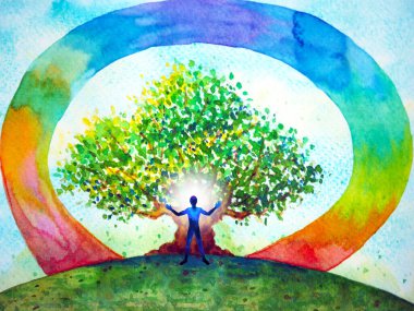 İnsan zihni zihin sağlığı yoga çakrası soyut enerji meditasyonu suluboya resim tasarımı ile evreni birbirine bağlar.