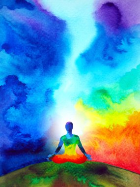 İnsan zihni zihin sağlığı yoga çakrası soyut enerji meditasyonu suluboya resim tasarımı ile evreni birbirine bağlar.