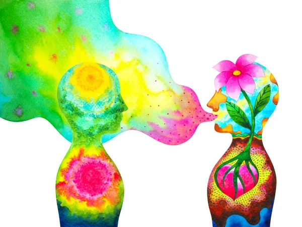 人类两个人听语言抽象艺术精神健康疗法水彩画插图设计图 — 图库照片