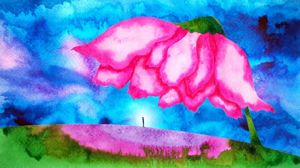 human standing meditation in abstract landscape rose flower art watercolor painting illustration design drawing mental health mind spiritual concept