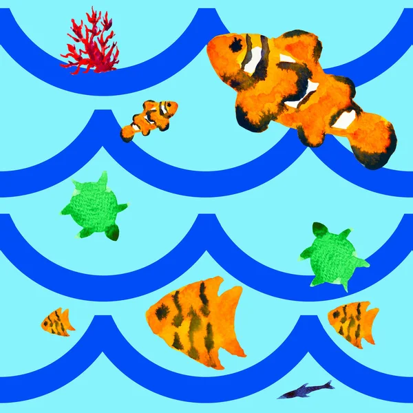 Colorful Sea Animal Seamless Pattern Illustration Design Watercolor Painting —  Fotos de Stock