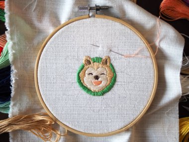 hand craft embroidery art woman hobby shiba dog flower pattern handmade selected focus