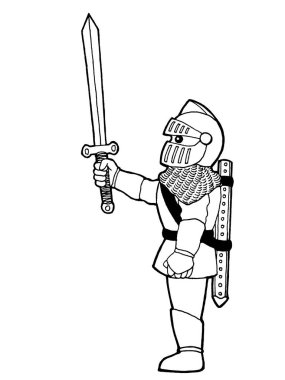 Ortaçağ şövalyesi, kılıç savaşçısı, miğfer, karikatür sanatçısı, çizim tasarımı, çizim çizimi.