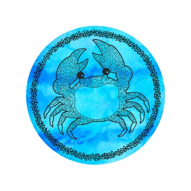crab cancer zodiac astrology horoscope symbol sign logo icon design in water element color art background watercolor painting cartoon drawing illustration fortune