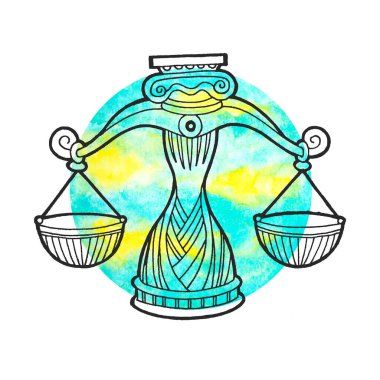 Terazi burcunun burç sembolü hava elementi renk sanatı arka planında logo simgesi tasarımı suluboya karikatür çizimi falı