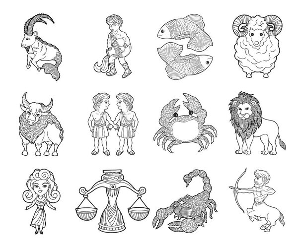 12 зодиакальной астрологии гороскоп символ знак логотипа иконка дизайн в 4 элемента цвет фона акварель живопись рисование рисунок иллюстрация фортуна набор