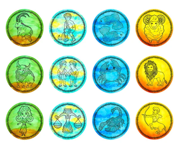12星座占星術のホロスコープ記号のロゴのアイコンのデザイン4要素カラーアートの背景水彩画漫画イラスト富セットを描く — ストック写真