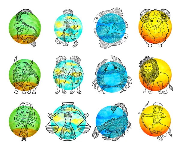 黄道带占星术星座标志标志图标设计中4种元素色彩艺术背景水彩画卡通画图景吉祥集 — 图库照片