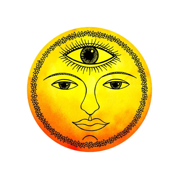 Drittes Auge Sonne Gesicht Abstrakte Kunst Geist Spirituelle Farbe Aquarell — Stockfoto