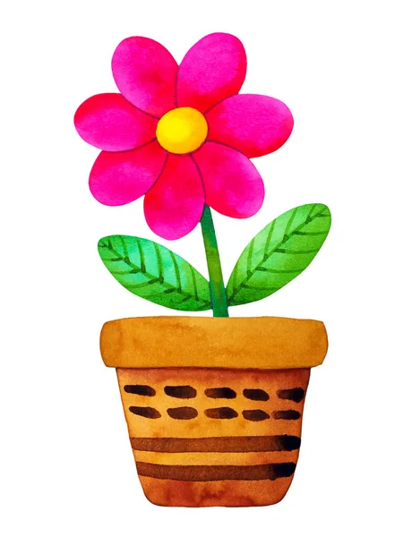 Pink Fresh Flower Green Plant Pottery Pot Art Watercolor Painting — Zdjęcie stockowe