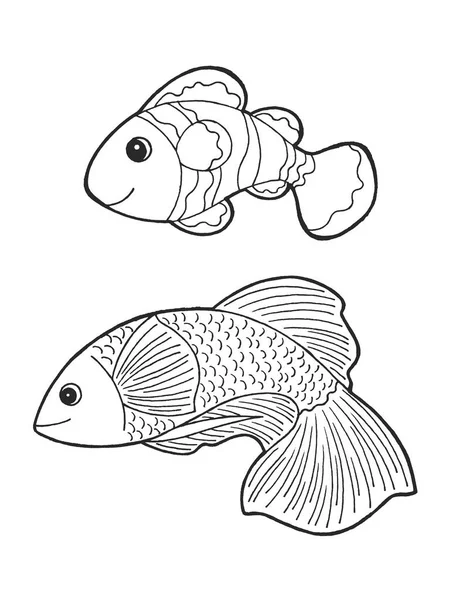 章鱼大战鱼动物自然艺术手绘插图设计图涂鸦黑白画卡通画 — 图库照片
