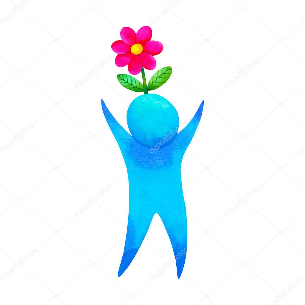 Happy flower head human positive feeling mind power mental health spiritual abtract art watercolor painting cartoon illustration design drawing icon logo sign symbol