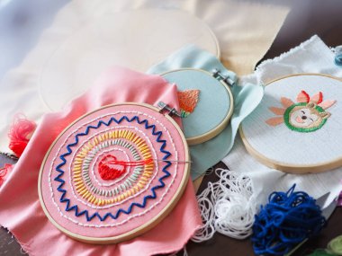 artist home living space woman leisure hobby hand craft embroidery mandala spiritual mental health healing mind pattern handmade design illustration art workshop selective focus