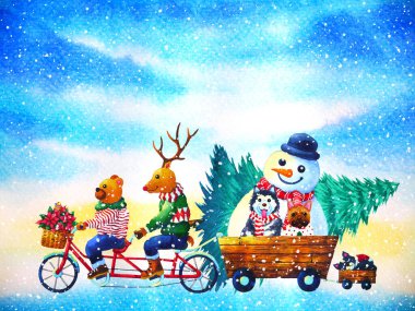 Yılbaşı hayvanı mutlu yıllar suluboya resim çizimi