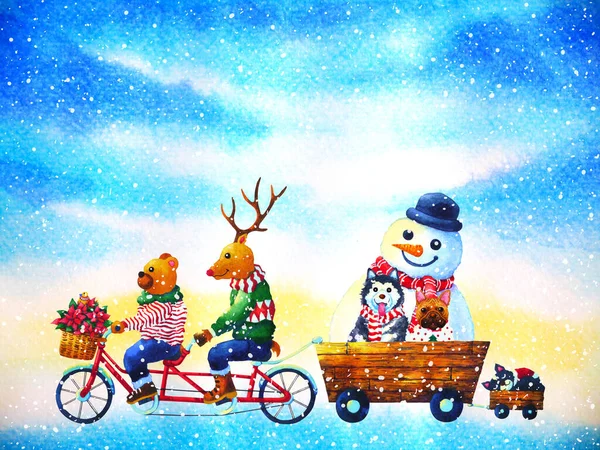 Navidad Animal Feliz Año Nuevo Acuarela Pintura Ilustración — Foto de Stock