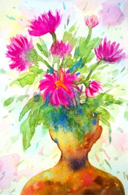 Zihin çiçeği insan kafası ruhsal soyut sanat suluboya resim tasarımı çizimi