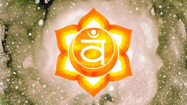 Svadhisthana Sacral Çakra turuncu renk logosu simgesi Reiki zihin manevi sağlık bütünsel enerji lotus mandala suluboya resim çizim çizimi evren arka planı