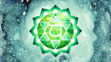 Anahata Kalp Çakrası yeşil renk logosu simgesi Reiki zihin ruhsal sağlık bütünsel enerji lotus mandala suluboya resim çizim çizim evren arka planı