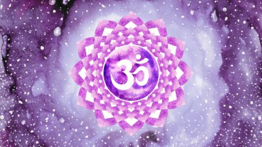 Sahasrara Taç Çakra mor ya da beyaz renkli logo simgesi Reiki zihin sağlığı bütünsel enerji lotus mandala suluboya resim çizim çizimi evren arka planı