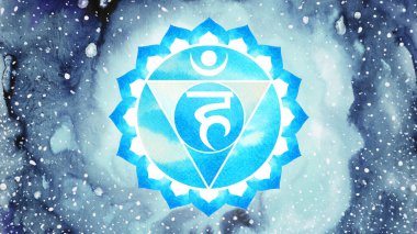 Vishuddha Gırtlak Çakra gökyüzü mavi renk logo simgesi Reiki zihin manevi sağlık bütünsel enerji lotus mandala suluboya resim çizim çizim evren arka planı