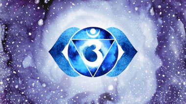 Ajna Üçüncü Göz Çakra çivit mavisi logo sembolü Reiki zihinsel sağlık bütünsel enerji lotus mandala suluboya resim çizim çizim evreni arka plan