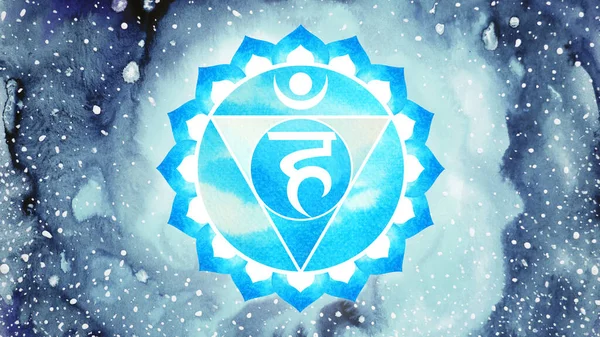 Vishuddha喉チャクラ空青色のロゴシンボルアイコンReiki心霊的な健康治癒ホリスティックエネルギー蓮曼荼羅水彩画アートイラストデザイン宇宙の背景 — ストック写真
