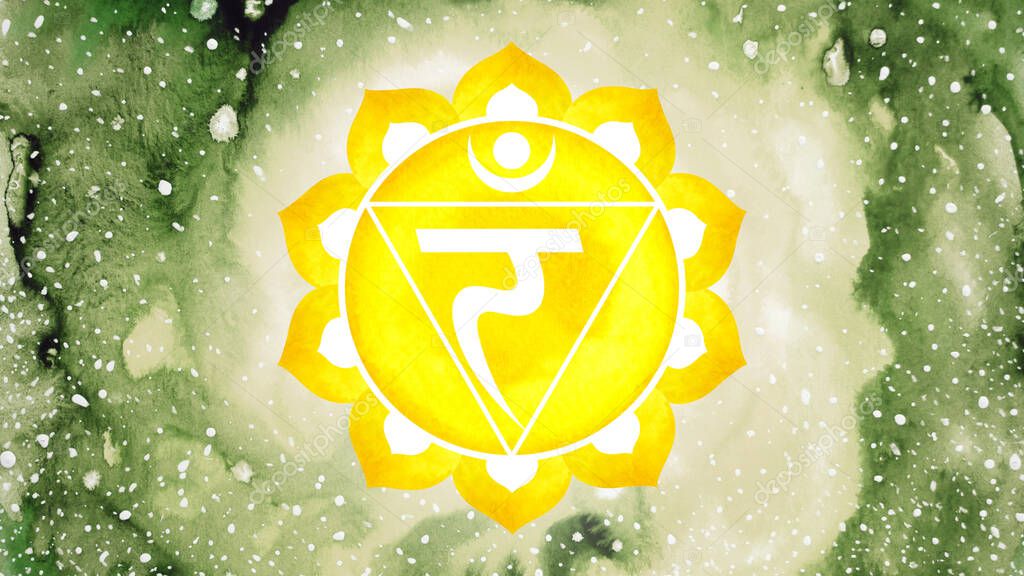 Manipura Solar Plexus Chakra yellow color logo symbol icon reiki mind spiritual health healing holistic energy lotus mandala watercolor painting art illustration design universe background