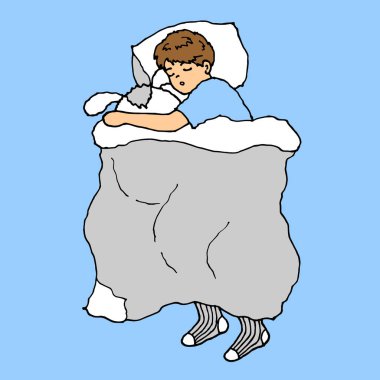 Tatlı çocuk yatakta kucak bebeği, vektör el karalama çizimi.