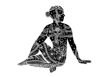 Yoga Oturmuş Yarım Spinal Twist poz 7 çakra vektör çiçek yapraklı el Zentangle illüstrasyon tasarımı (Ardha Matsyendrasana)