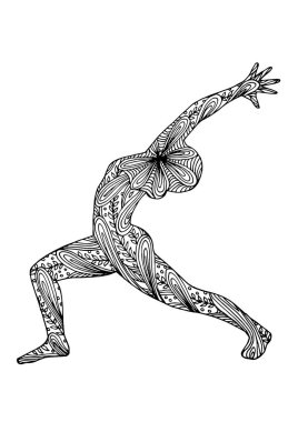 yoga savaşçısı 1 poz 7 çakra vektör çiçek çiçek yapraklı el zentangle çizim tasarımı (Virabhadrasana 1)