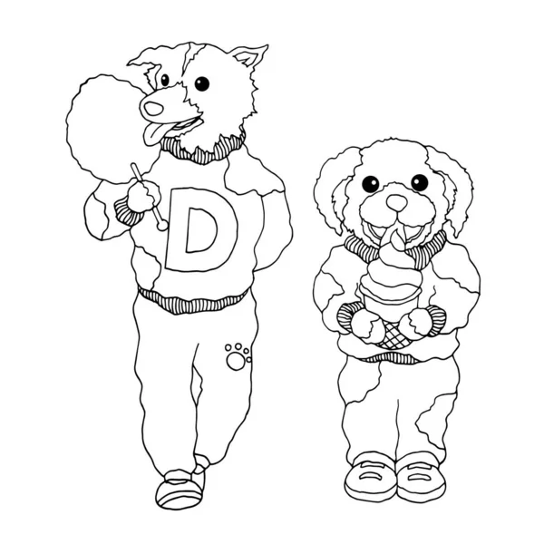 Divertidos Perros Hipster Comiendo Helado Dulce Dulces Vector Algodón Dibujado — Vector de stock