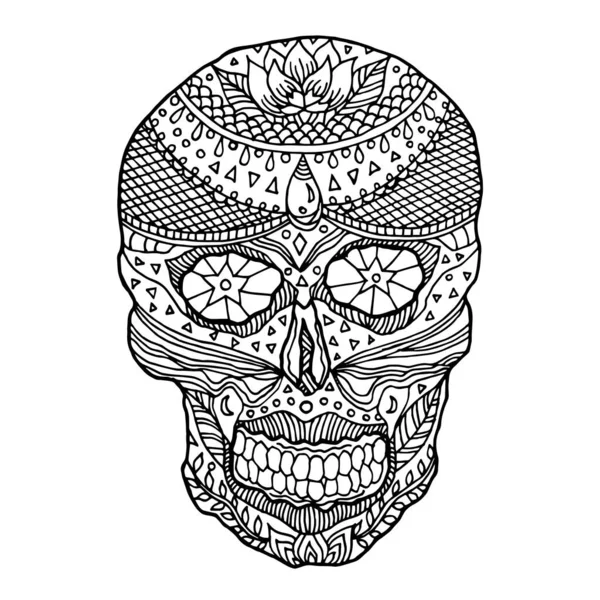 Açúcar Crânio Dia Morto Cabeça Humana Vetor Desenho Ilustração Mão — Vetor de Stock